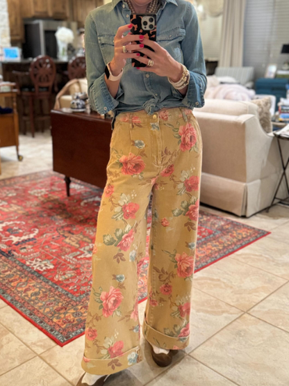 Double Hem High-Rise Wide-Leg Cuffed Jeans Floral Edition