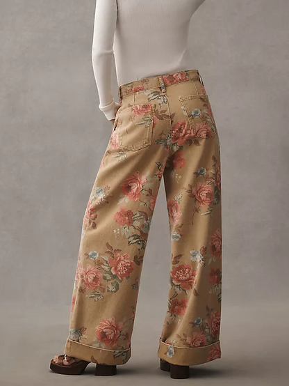 Double Hem High-Rise Wide-Leg Cuffed Jeans Floral Edition