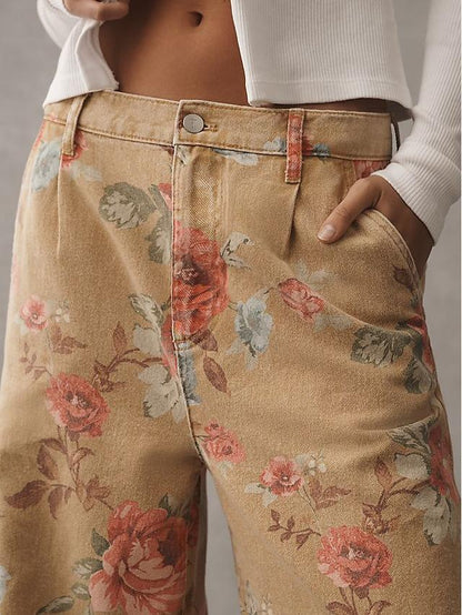 Double Hem High-Rise Wide-Leg Cuffed Jeans Floral Edition