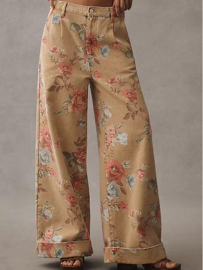 Double Hem High-Rise Wide-Leg Cuffed Jeans Floral Edition
