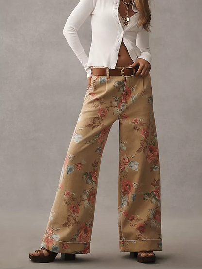 Double Hem High-Rise Wide-Leg Cuffed Jeans Floral Edition