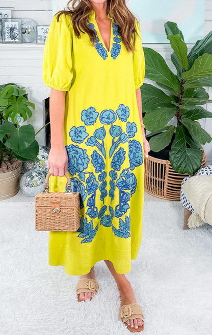 The Bright Lemon Yellow Printed Dress